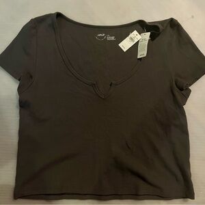 Aerie Women's Dark Gray V-Neck Tee-cropped